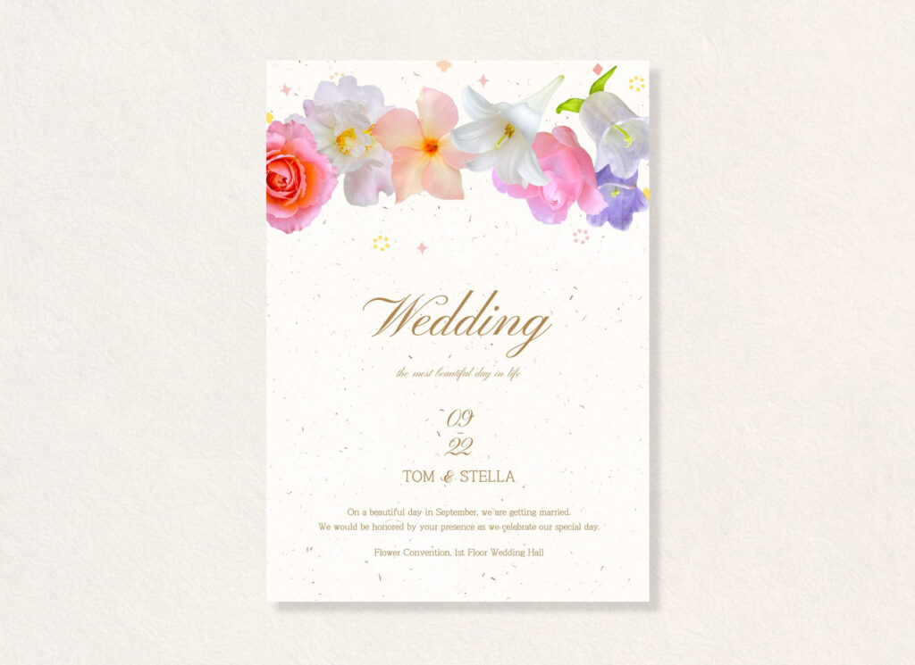 Vertical wedding invitation mockup decorated with real flower PNGs