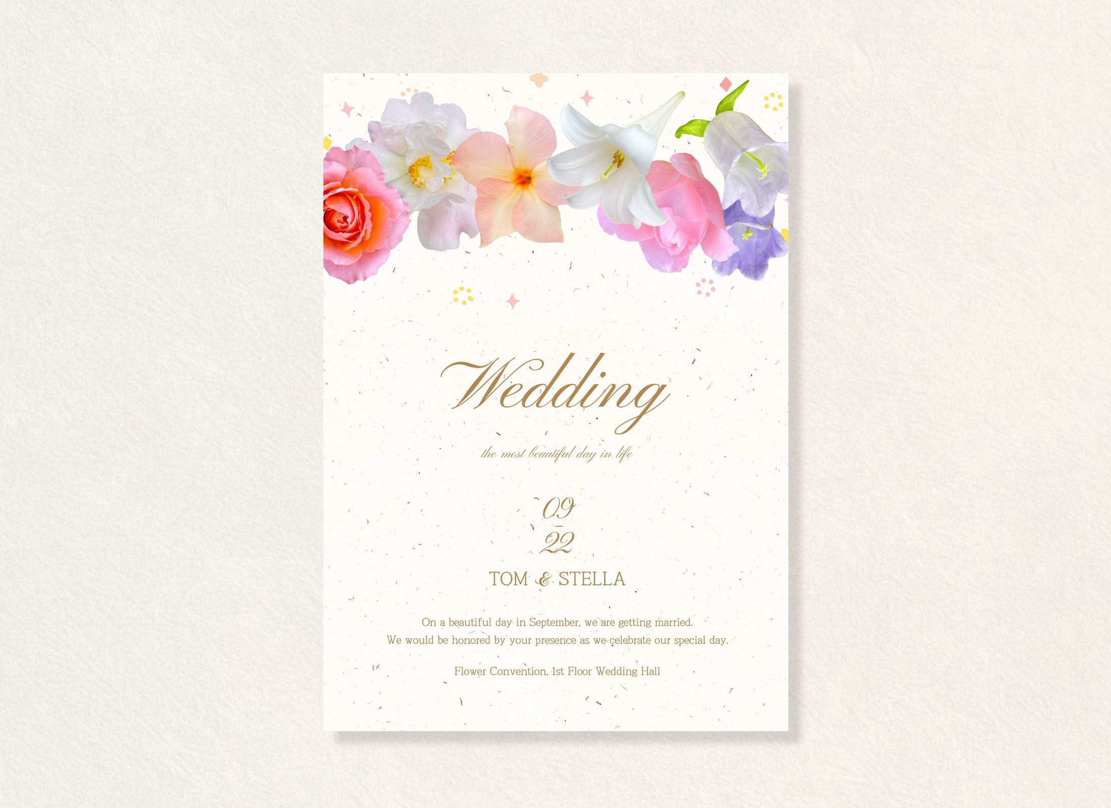 Vertical wedding invitation designed with real flower PNGs