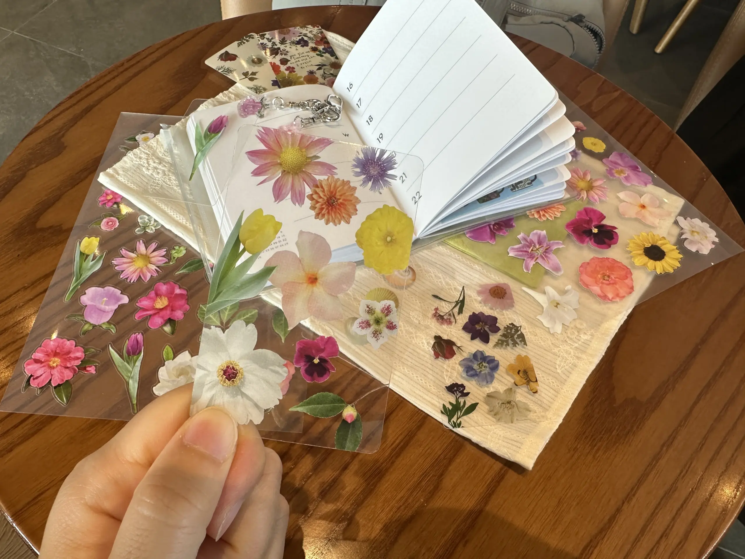 A clear photo card printed with a small arrangement of real flower PNGs