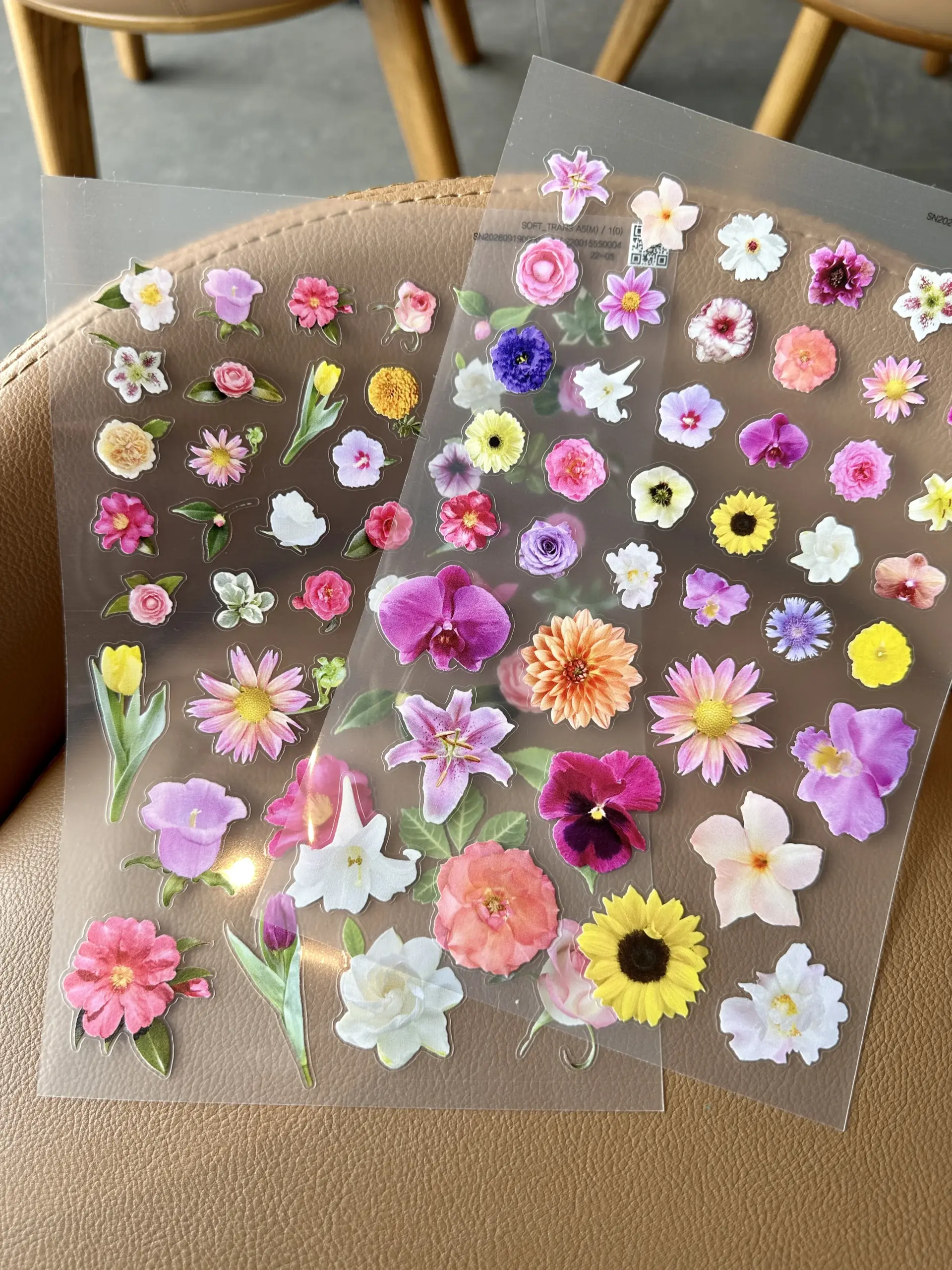 Overlapping transparent sheets of photographed flower stickers