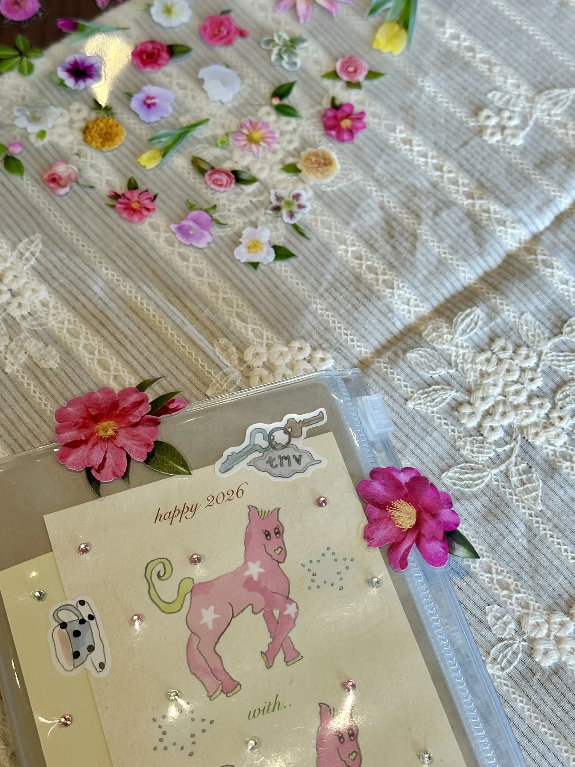 Pink camellia stickers placed on a clear journal cover
