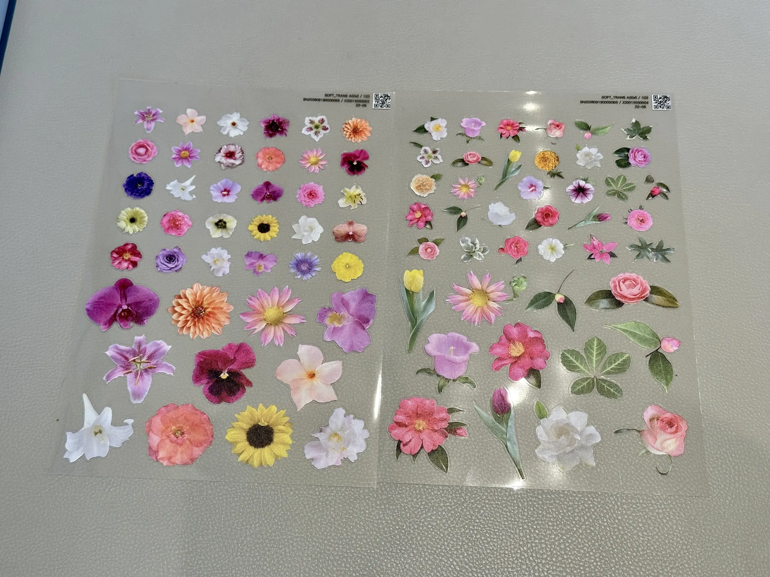 Two real flower sticker sheets laid side by side on a table